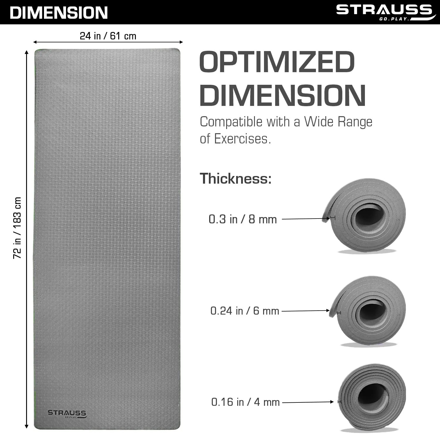 Strauss TPE Yoga Mat | Exercise Mat for Home Workout, Gym and Yoga Sessions | Anti Slip Gym Mat | Workout Mat for Men, Women and Kids | Yoga Mat with Carry Strap | Thickness: 8MM,(Grey)