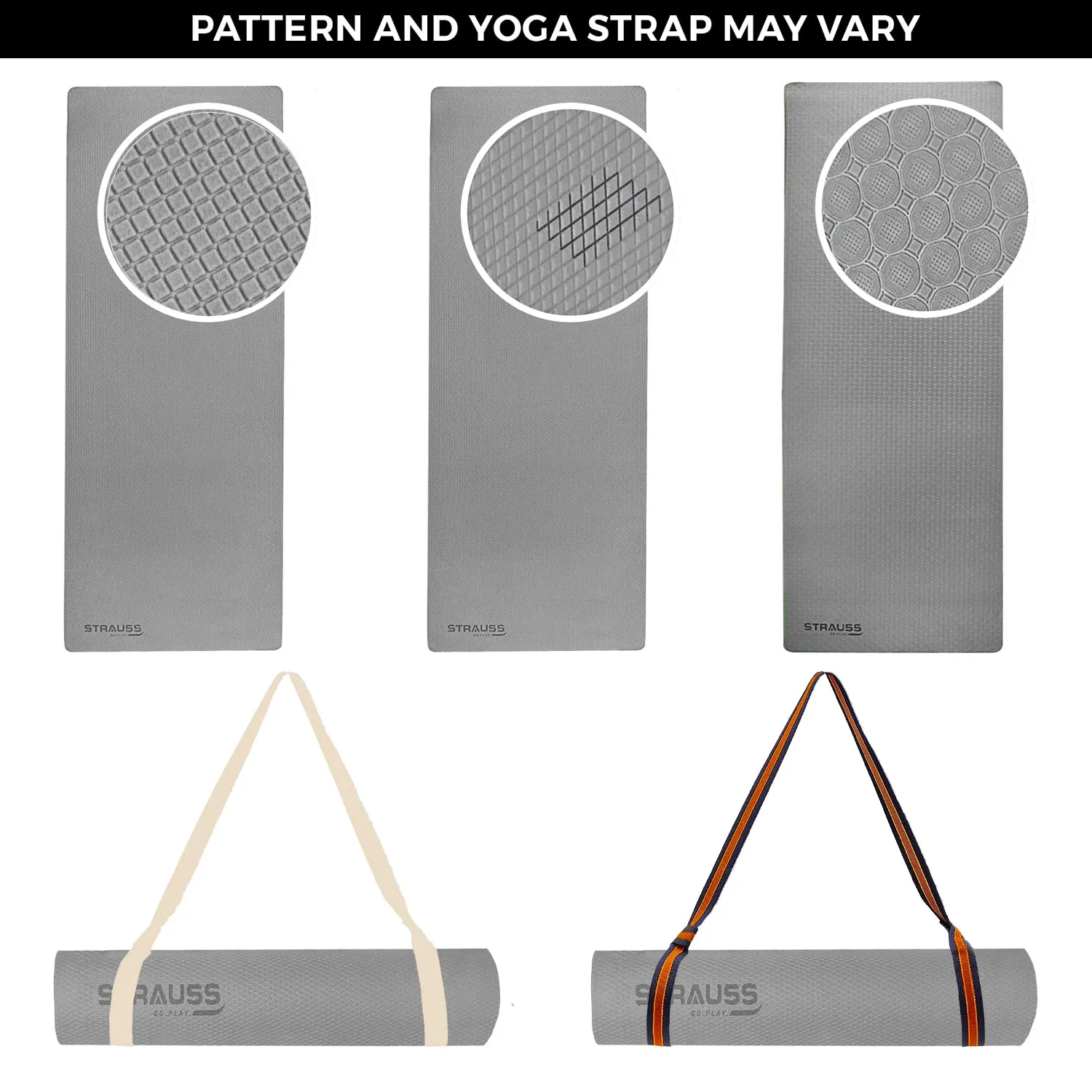 Strauss TPE Yoga Mat | Exercise Mat for Home Workout, Gym and Yoga Sessions | Anti Slip Gym Mat | Workout Mat for Men, Women and Kids | Yoga Mat with Carry Strap | Thickness: 8MM,(Grey)