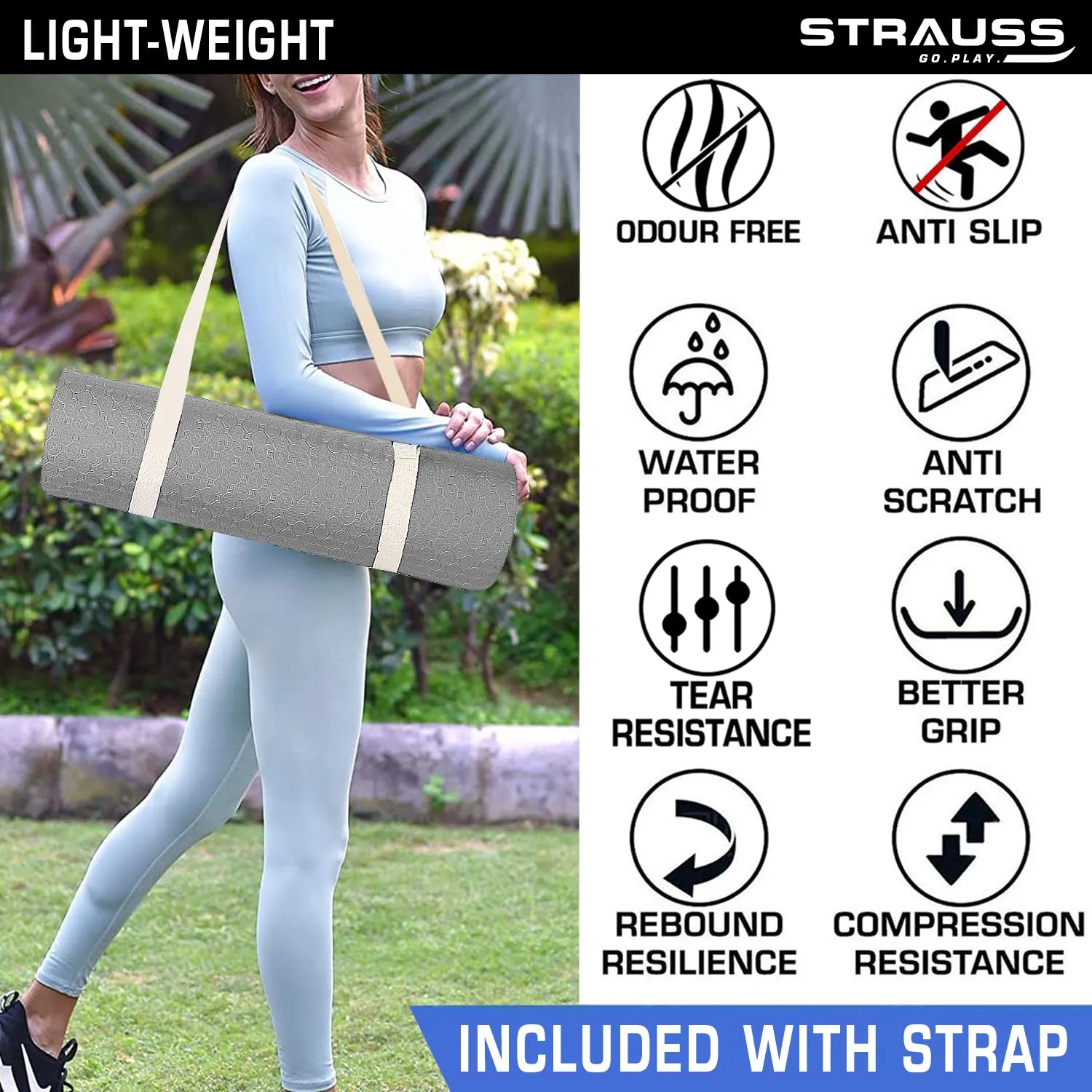 Strauss TPE Yoga Mat | Exercise Mat for Home Workout, Gym and Yoga Sessions | Anti Slip Gym Mat | Workout Mat for Men, Women and Kids | Yoga Mat with Carry Strap | Thickness: 8MM,(Grey)