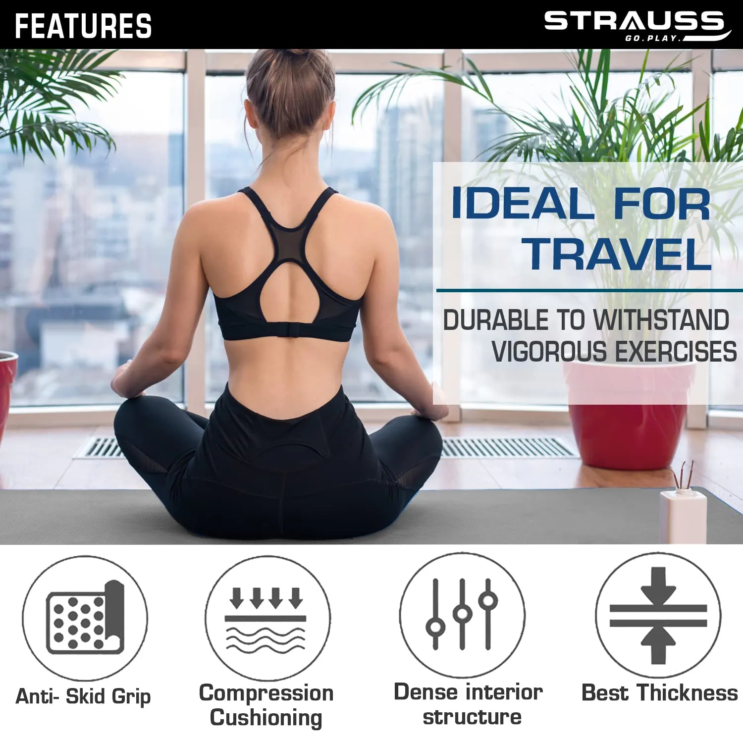 Strauss TPE Yoga Mat | Exercise Mat for Home Workout, Gym and Yoga Sessions | Anti Slip Gym Mat | Workout Mat for Men, Women and Kids | Yoga Mat with Carry Strap | Thickness: 8MM,(Grey)