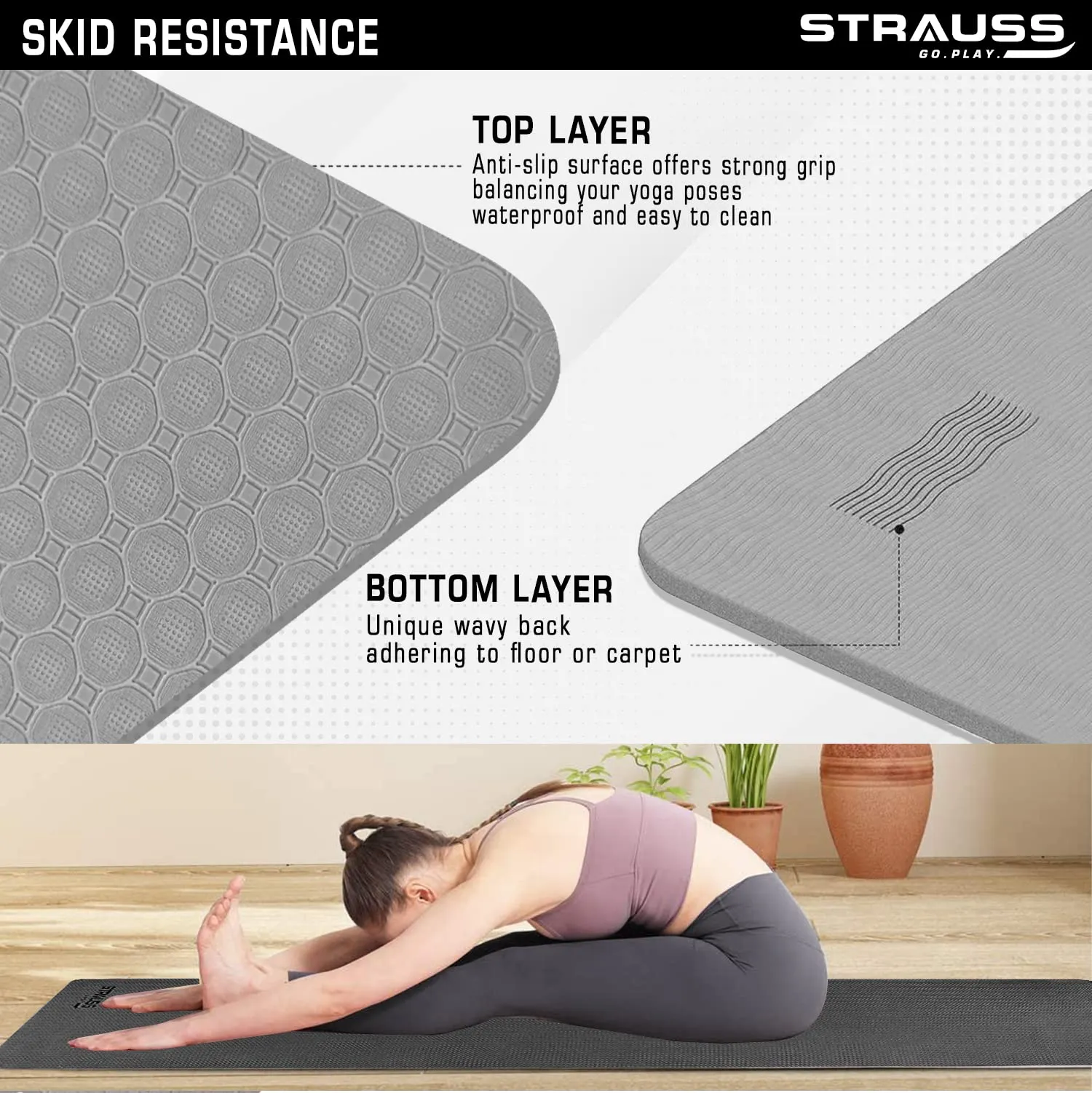 Strauss TPE Yoga Mat | Exercise Mat for Home Workout, Gym and Yoga Sessions | Anti Slip Gym Mat | Workout Mat for Men, Women and Kids | Yoga Mat with Carry Strap | Thickness: 8MM,(Grey)