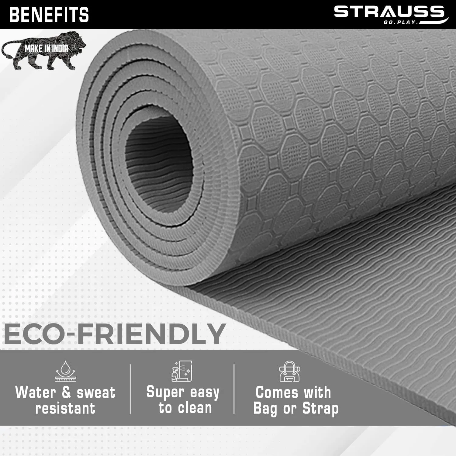 Strauss TPE Yoga Mat | Exercise Mat for Home Workout, Gym and Yoga Sessions | Anti Slip Gym Mat | Workout Mat for Men, Women and Kids | Yoga Mat with Carry Strap | Thickness: 8MM,(Grey)