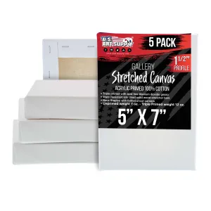 Stretched Small Canvas for Painting 5 x 7 inch Gallery Depth 1-1/2" Profile, 5-Pack - 12-Oz Acrylic Gesso Triple Primed White, Professional Artist Quality, 100% Cotton - Pouring, Oil