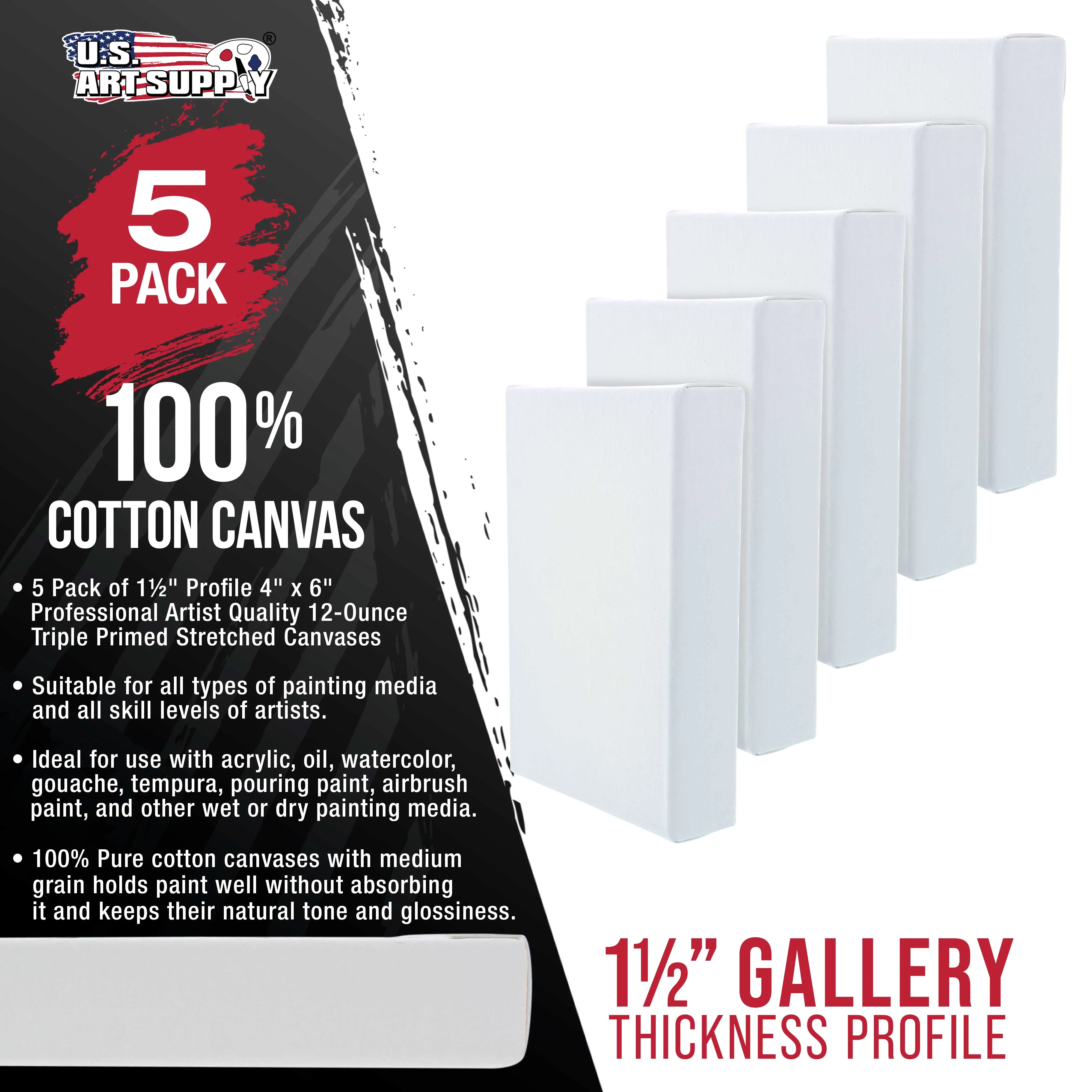 Stretched Small Canvas for Painting 5 x 7 inch Gallery Depth 1-1/2" Profile, 5-Pack - 12-Oz Acrylic Gesso Triple Primed White, Professional Artist Quality, 100% Cotton - Pouring, Oil