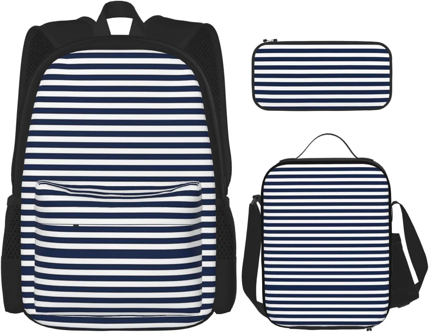 Striped Navy Blue Multifunctional Pocket Backpack Crossbody Lunch Bag Pencil Case 3Pcs Set Large Capacity Backpack