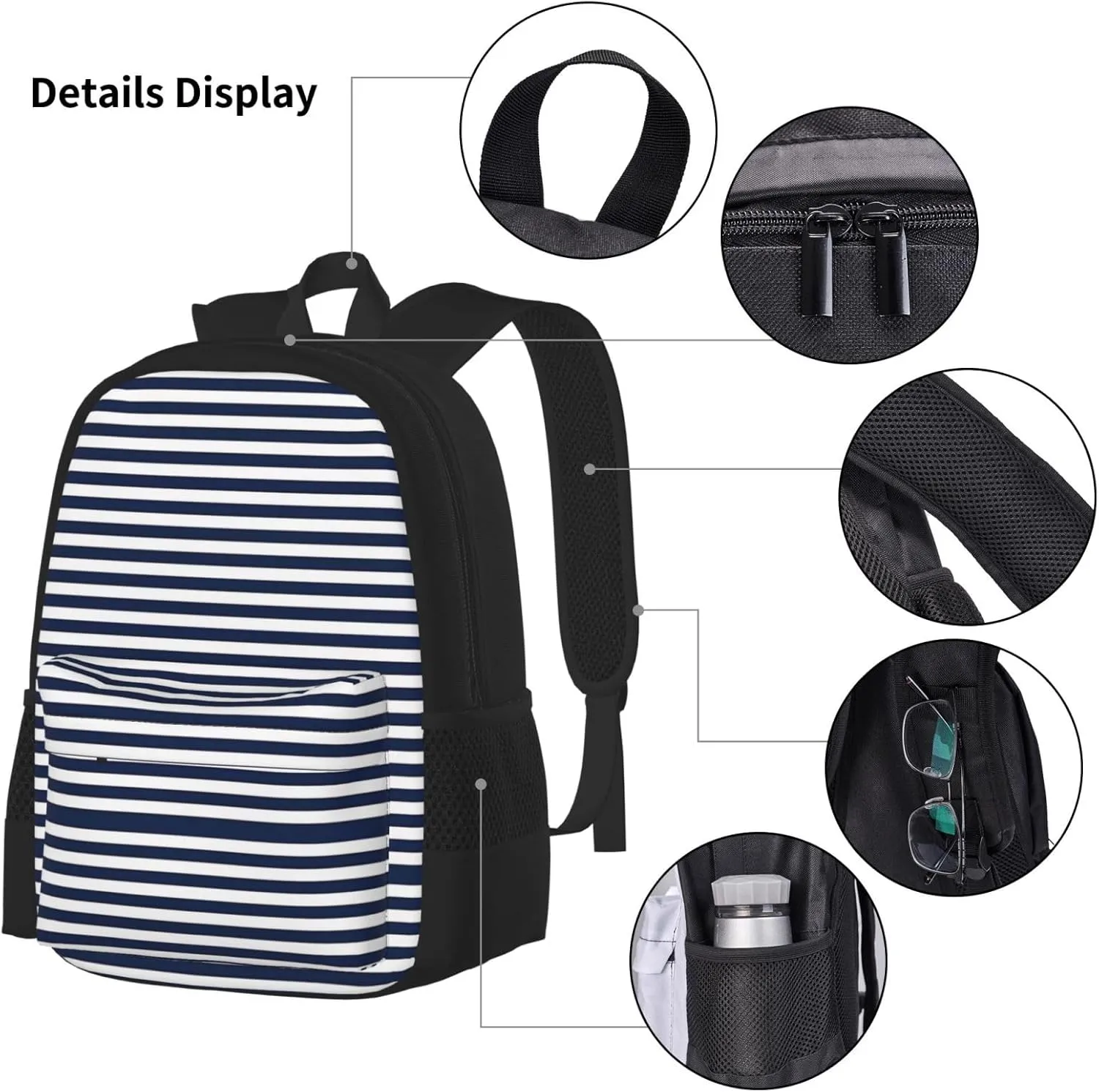 Striped Navy Blue Multifunctional Pocket Backpack Crossbody Lunch Bag Pencil Case 3Pcs Set Large Capacity Backpack