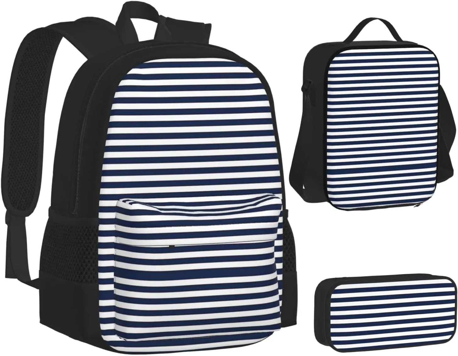 Striped Navy Blue Multifunctional Pocket Backpack Crossbody Lunch Bag Pencil Case 3Pcs Set Large Capacity Backpack