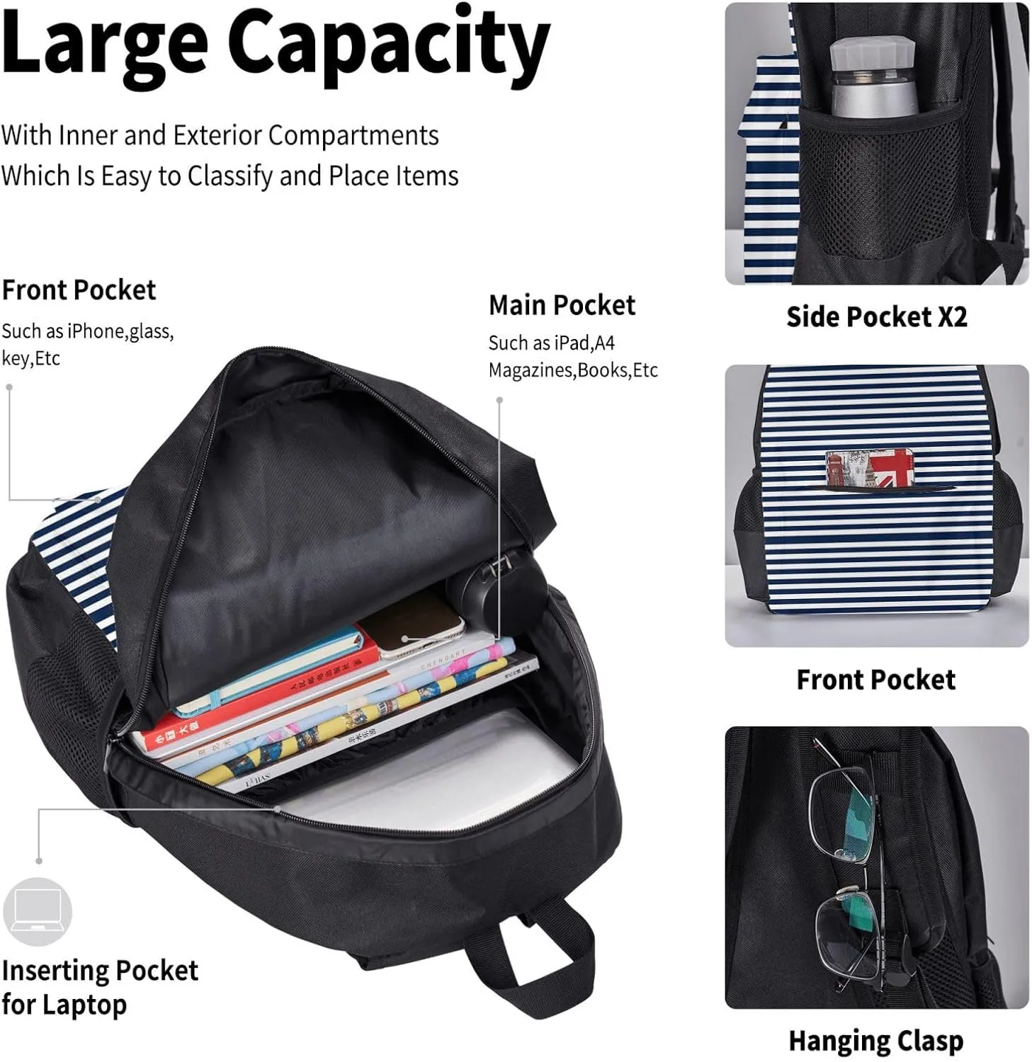 Striped Navy Blue Multifunctional Pocket Backpack Crossbody Lunch Bag Pencil Case 3Pcs Set Large Capacity Backpack