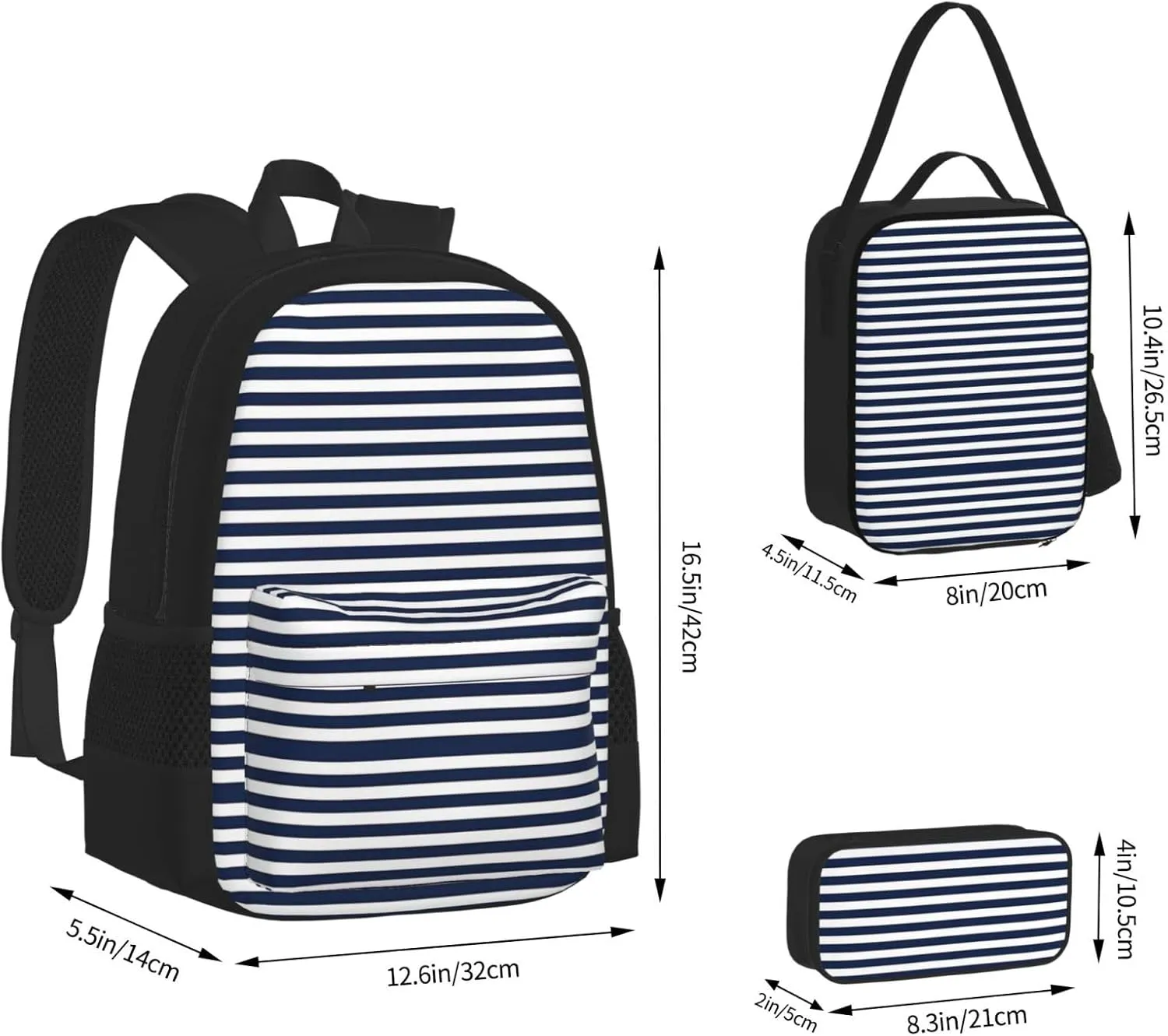 Striped Navy Blue Multifunctional Pocket Backpack Crossbody Lunch Bag Pencil Case 3Pcs Set Large Capacity Backpack