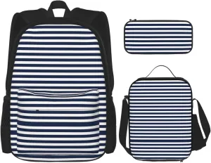 Striped Navy Blue Multifunctional Pocket Backpack Crossbody Lunch Bag Pencil Case 3Pcs Set Large Capacity Backpack