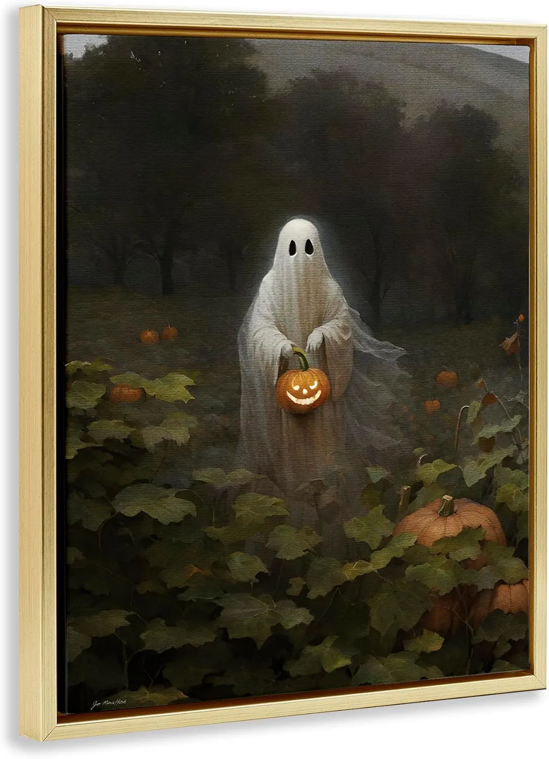 Stupell Industries Ghost in Pumpkin Patch Gold Framed Floater Canvas Wall Art Design by Jo Moulton, 17 x 21
