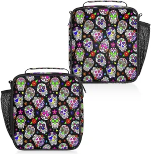 Sugar Flower Skull Insulated Lunch Bag Reusable Waterproofing Lunch Box with Shoulder Strap Handle and Water Bottle Net Bag for Travel Camping Beach Picnic