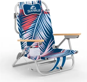 SUN NINJA Beach Chair – Folding Chair for Beach with 5 Reclining Positions, Cup & Phone Holder, Insulated Back Storage Pouch, Portable Lightweight Aluminum Frame – Palm Tree 1pc
