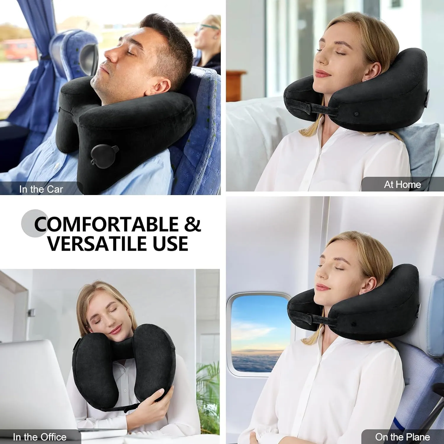 Sunany Neck Pillow for Travel Inflatable Airplane Pillow Comfortably Supports Head, Neck and Chin, Inflatable Travel Pillow with Soft Velour Cover and Portable Drawstring Bag (Black)