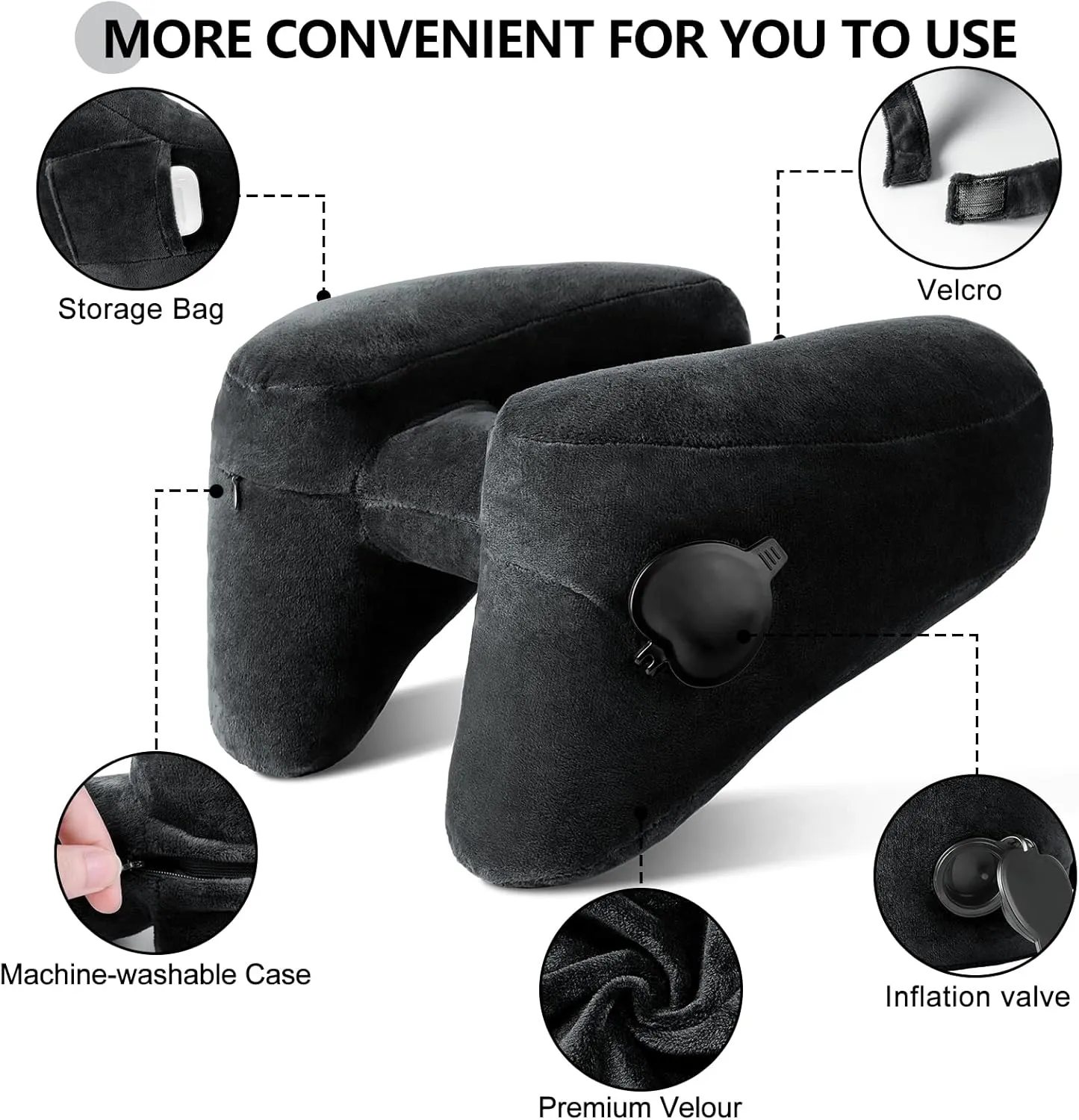Sunany Neck Pillow for Travel Inflatable Airplane Pillow Comfortably Supports Head, Neck and Chin, Inflatable Travel Pillow with Soft Velour Cover and Portable Drawstring Bag (Black)