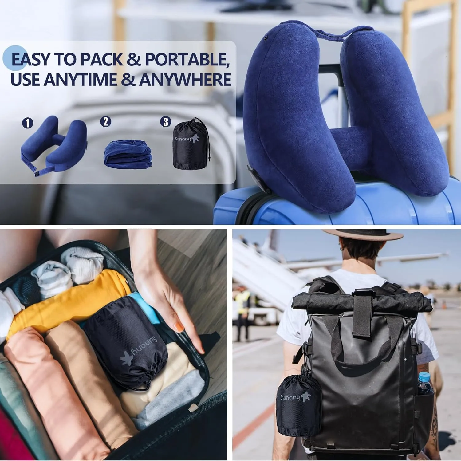 Sunany Neck Pillow for Travel Inflatable Airplane Pillow Comfortably Supports Head, Neck and Chin, Inflatable Travel Pillow with Soft Velour Cover and Portable Drawstring Bag (Blue)