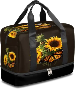 Sunflower Butterfly Sports Gym Bag with Shoes Compartment,Summer Floral Flower Travel Duffel Bag for Men Women Boys Girls Teens Overnight Weekend Yoga Workout Bag Training Handbag