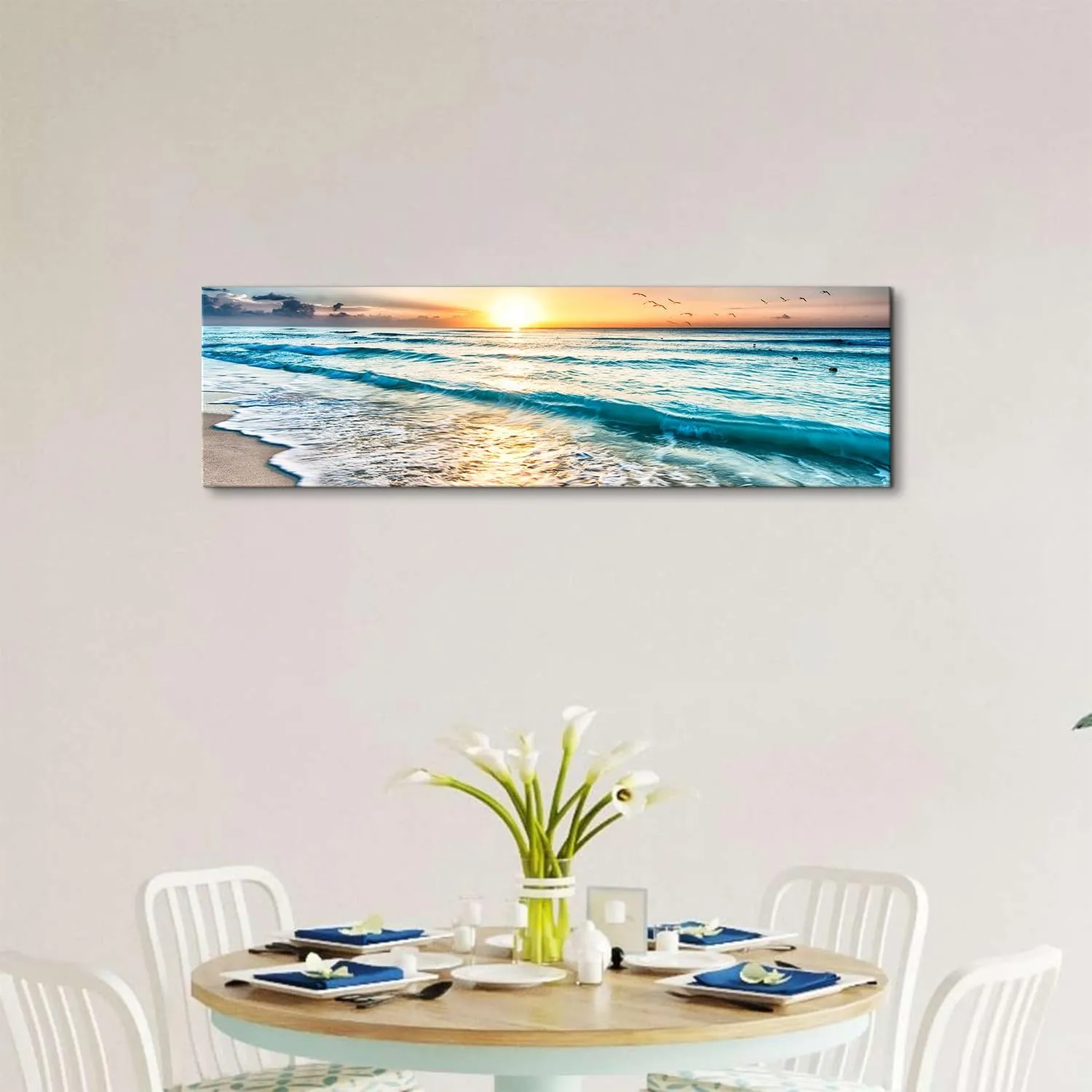Sunset Beach Canvas Wall Art Nature Ocean Waves Pictures Wall Decor for Bathroom Sunrise Sea Coastal Landscape Canvas Prints 14x48”, Tropical Seascape Poster Painting Living Room Artwork Decorations
