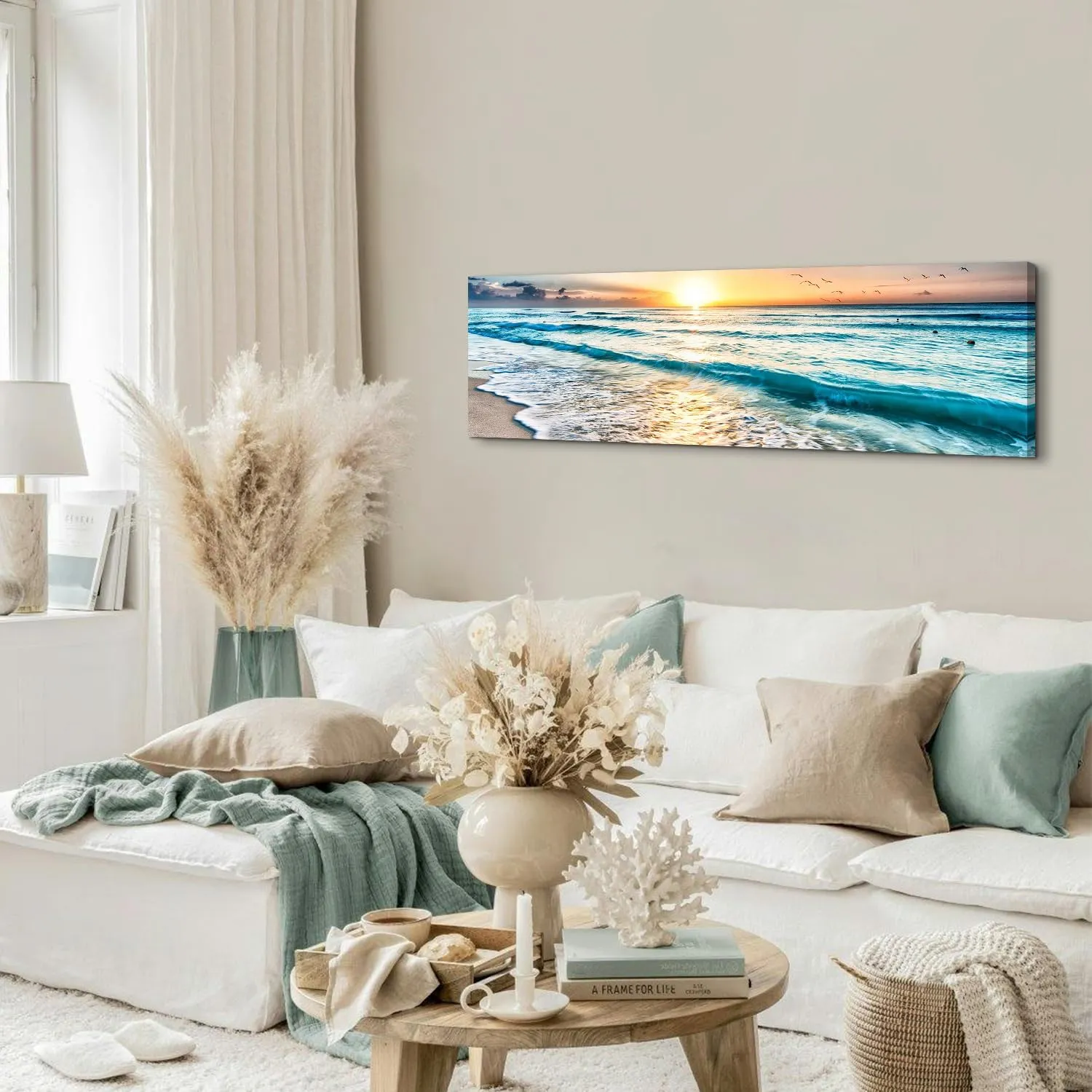 Sunset Beach Canvas Wall Art Nature Ocean Waves Pictures Wall Decor for Bathroom Sunrise Sea Coastal Landscape Canvas Prints 14x48”, Tropical Seascape Poster Painting Living Room Artwork Decorations