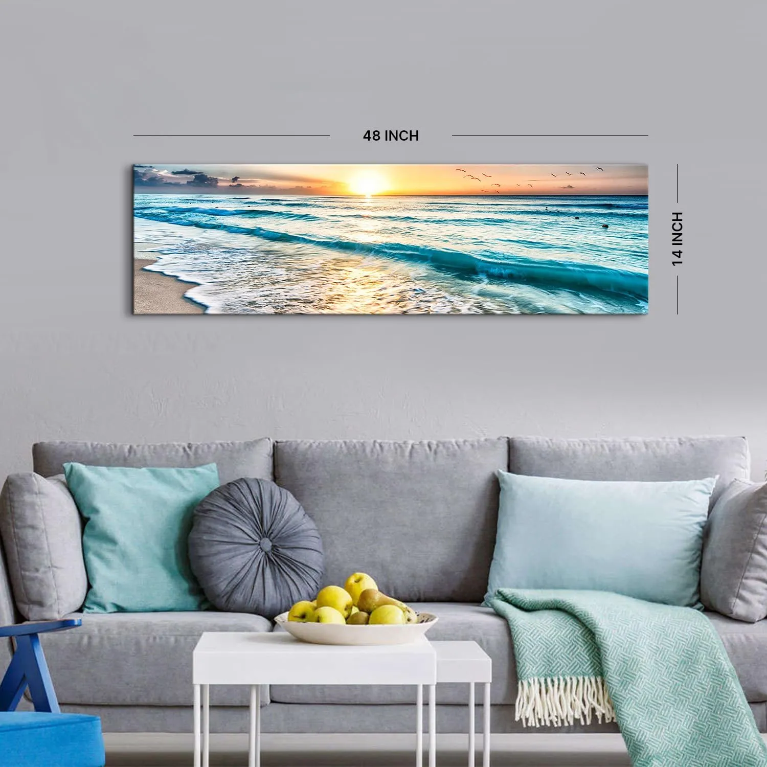 Sunset Beach Canvas Wall Art Nature Ocean Waves Pictures Wall Decor for Bathroom Sunrise Sea Coastal Landscape Canvas Prints 14x48”, Tropical Seascape Poster Painting Living Room Artwork Decorations