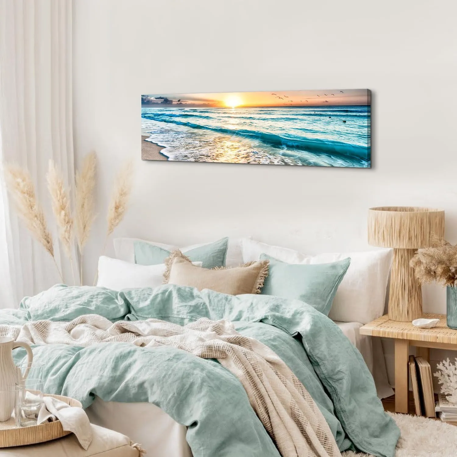 Sunset Beach Canvas Wall Art Nature Ocean Waves Pictures Wall Decor for Bathroom Sunrise Sea Coastal Landscape Canvas Prints 14x48”, Tropical Seascape Poster Painting Living Room Artwork Decorations
