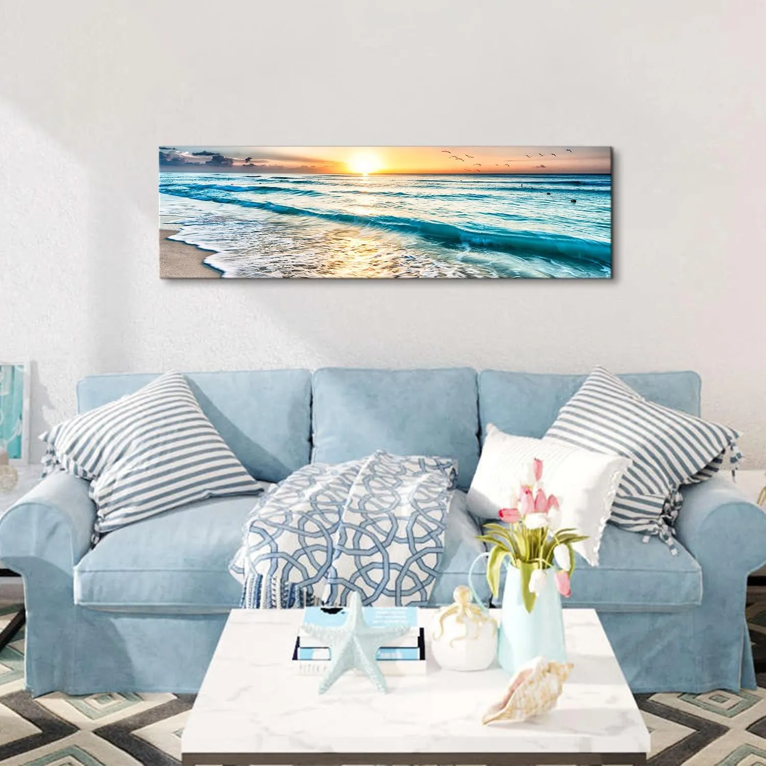 Sunset Beach Canvas Wall Art Nature Ocean Waves Pictures Wall Decor for Bathroom Sunrise Sea Coastal Landscape Canvas Prints 14x48”, Tropical Seascape Poster Painting Living Room Artwork Decorations