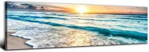 Sunset Beach Canvas Wall Art Nature Ocean Waves Pictures Wall Decor for Bathroom Sunrise Sea Coastal Landscape Canvas Prints 14x48”, Tropical Seascape Poster Painting Living Room Artwork Decorations