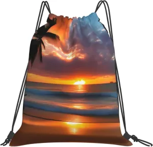 Sunset beach print Casual drawstring backpack, lightweight and portable, fit for daily, sports and travel