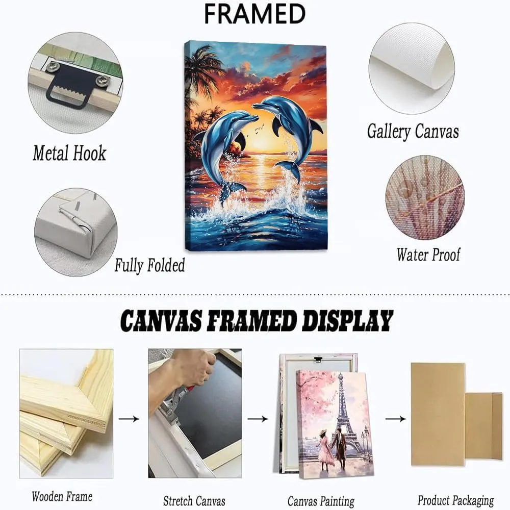 Sunset Dolphins Canvas Wall Art_ Vibrant Ocean Dolphins Jumping at Sunset,Beautiful Tropical Beach Scene Painting Artwork Decor,Posters and Prints for Home Decor-Unframe-US made-20x30inch