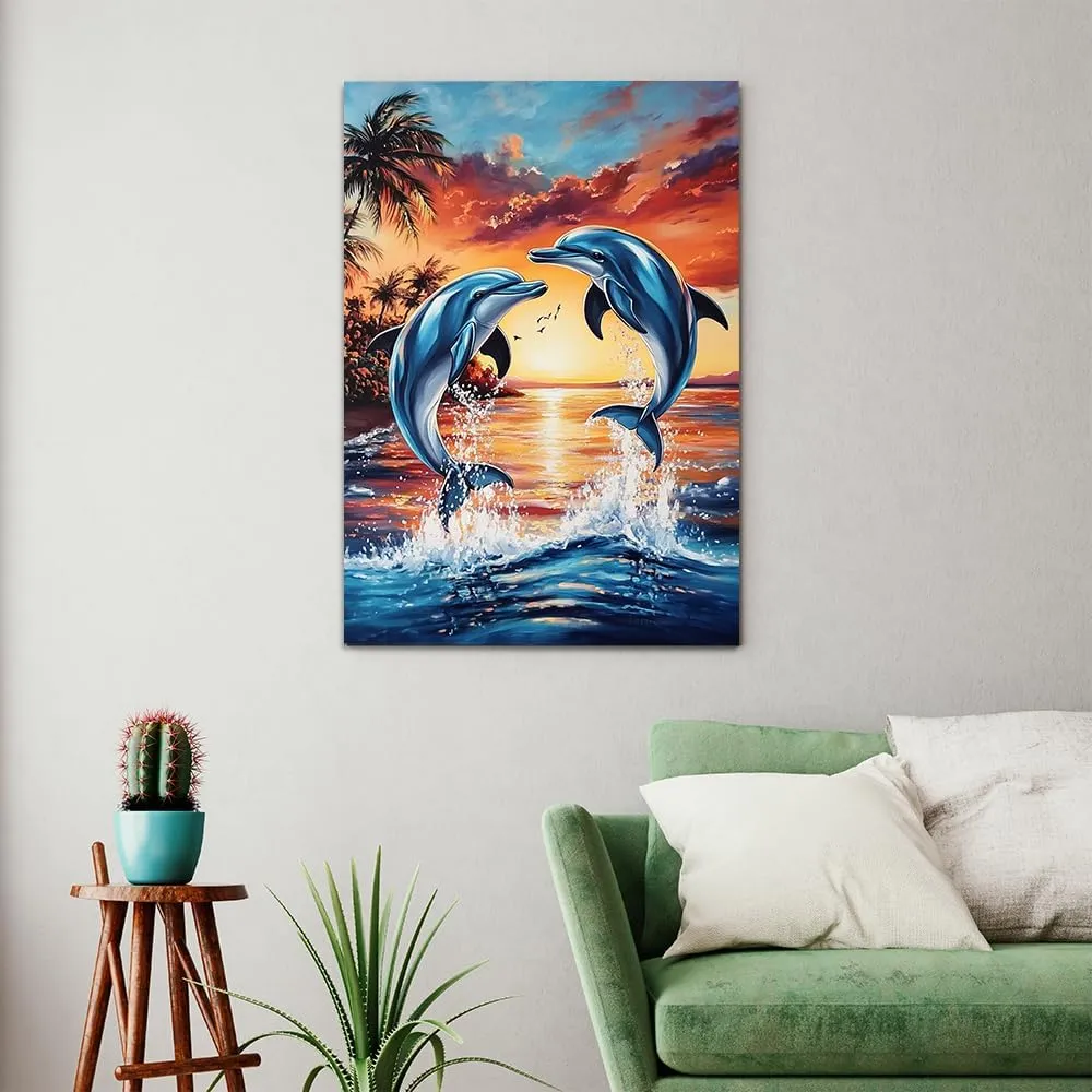 Sunset Dolphins Canvas Wall Art_ Vibrant Ocean Dolphins Jumping at Sunset,Beautiful Tropical Beach Scene Painting Artwork Decor,Posters and Prints for Home Decor-Unframe-US made-20x30inch