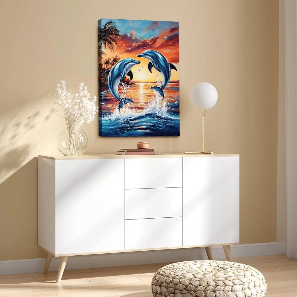 Sunset Dolphins Canvas Wall Art_ Vibrant Ocean Dolphins Jumping at Sunset,Beautiful Tropical Beach Scene Painting Artwork Decor,Posters and Prints for Home Decor-Unframe-US made-20x30inch