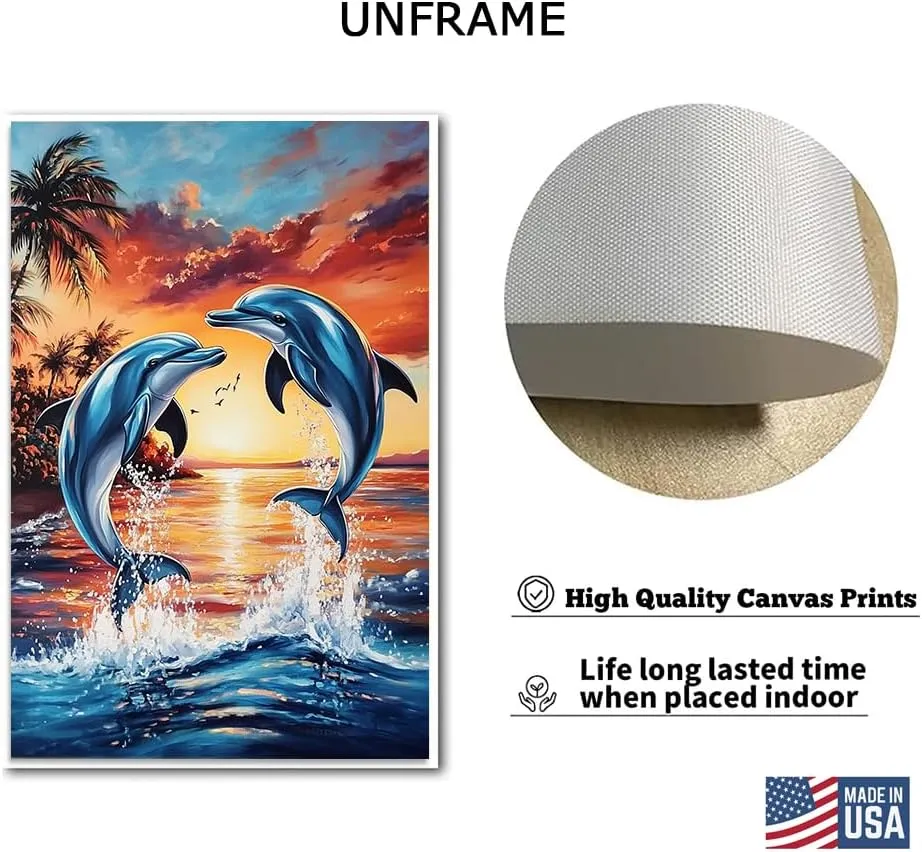 Sunset Dolphins Canvas Wall Art_ Vibrant Ocean Dolphins Jumping at Sunset,Beautiful Tropical Beach Scene Painting Artwork Decor,Posters and Prints for Home Decor-Unframe-US made-20x30inch
