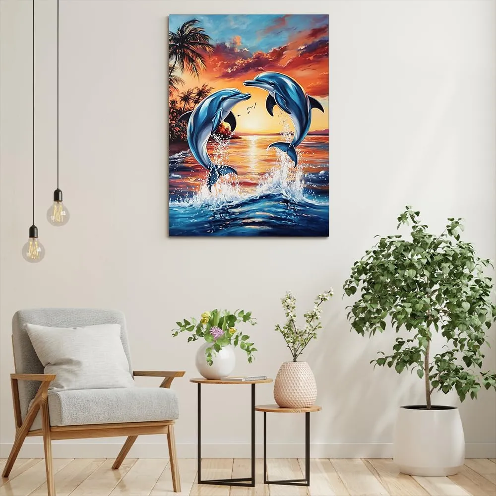 Sunset Dolphins Canvas Wall Art_ Vibrant Ocean Dolphins Jumping at Sunset,Beautiful Tropical Beach Scene Painting Artwork Decor,Posters and Prints for Home Decor-Unframe-US made-20x30inch