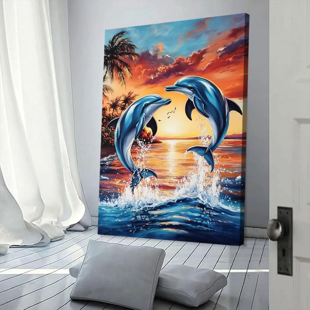 Sunset Dolphins Canvas Wall Art_ Vibrant Ocean Dolphins Jumping at Sunset,Beautiful Tropical Beach Scene Painting Artwork Decor,Posters and Prints for Home Decor-Unframe-US made-20x30inch