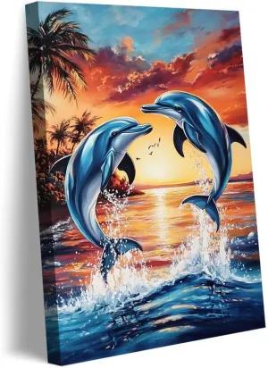 Sunset Dolphins Canvas Wall Art_ Vibrant Ocean Dolphins Jumping at Sunset,Beautiful Tropical Beach Scene Painting Artwork Decor,Posters and Prints for Home Decor-Unframe-US made-20x30inch
