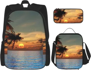 Sunset Palm Tree Ocean Print Versatile Adjustable Shoulder Fashion Backpack Lunch Bag Pencil Case Large Capacity