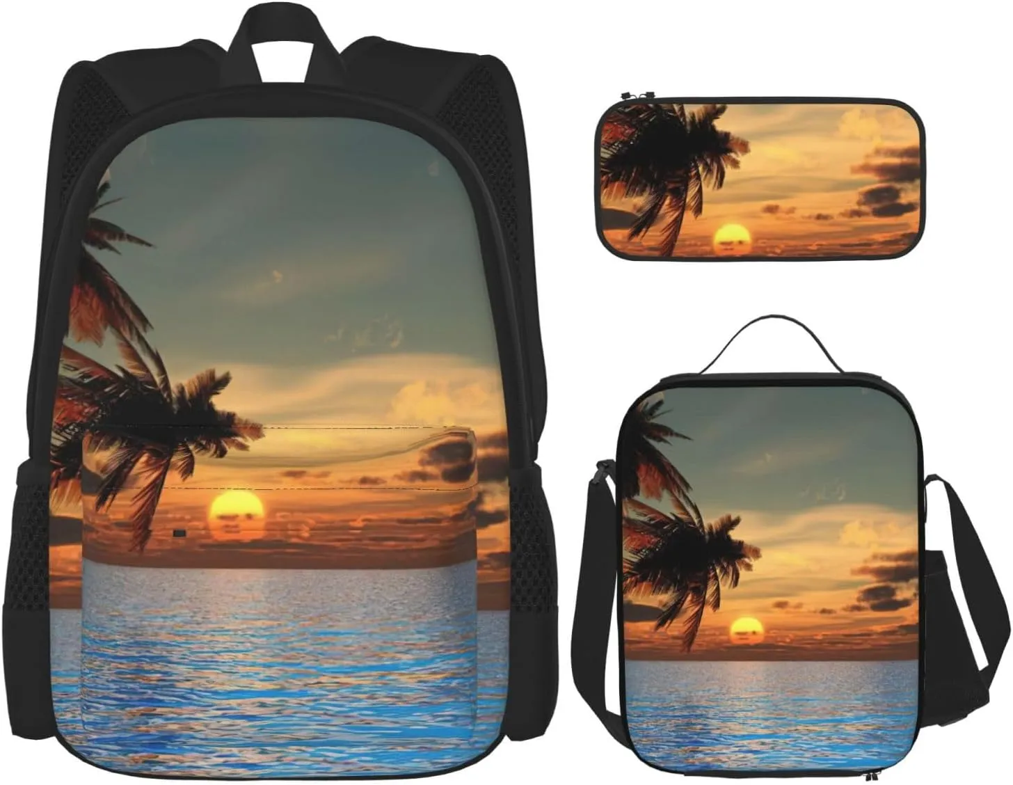 Sunset Palm Tree Ocean Print Versatile Adjustable Shoulder Fashion Backpack Lunch Bag Pencil Case Large Capacity