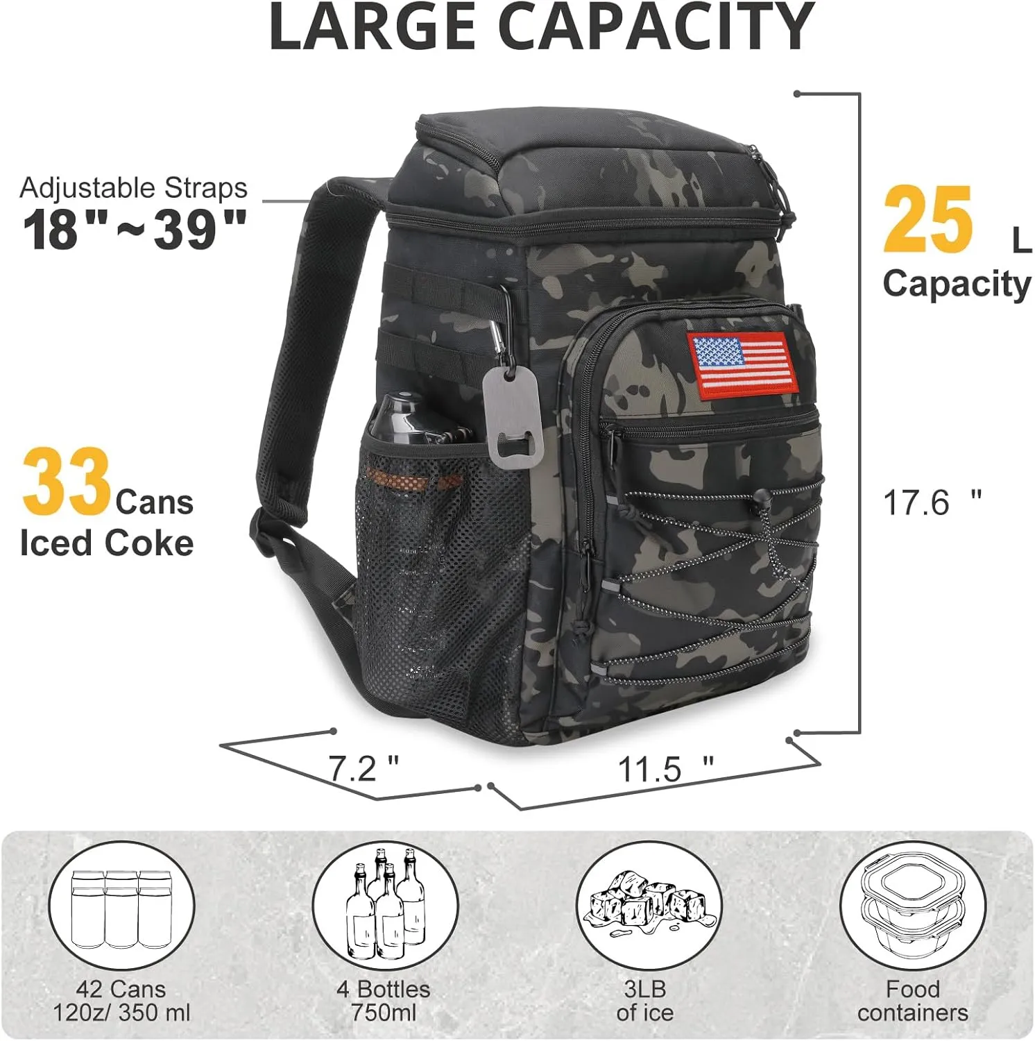 Tactical Backpack Cooler, 25L Cooler Backpack Insulated Leak-Proof, Heavy Duty Large Lunch Backpack, Waterproof Ice Chest Backpack for Men Women Adults Work Daytrip Camping Beach Hiking Accessories