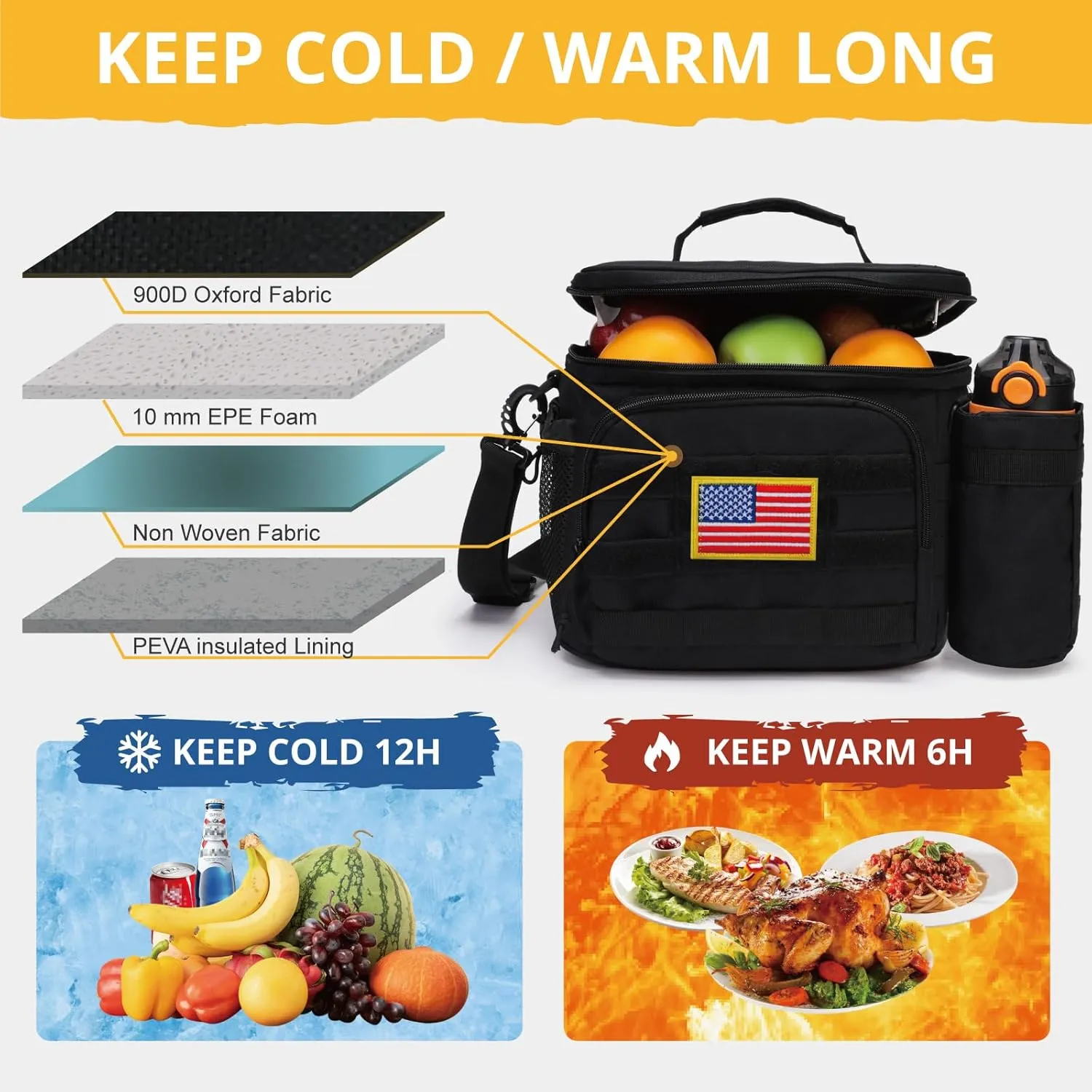 Tactical Lunch Box for Men, Insulated Lunch Bag MOLLE Webbing Leakproof, Cooler Large Lunchbox Women Adult with Adjustable Shoulder Strap Durable, Construction Heavy Duty Lunch Pail, Black