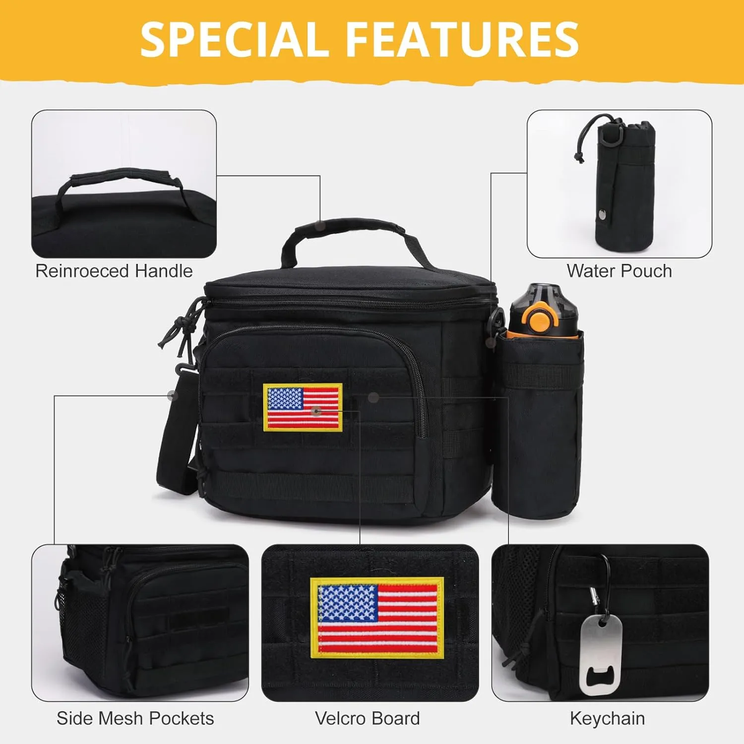 Tactical Lunch Box for Men, Insulated Lunch Bag MOLLE Webbing Leakproof, Cooler Large Lunchbox Women Adult with Adjustable Shoulder Strap Durable, Construction Heavy Duty Lunch Pail, Black