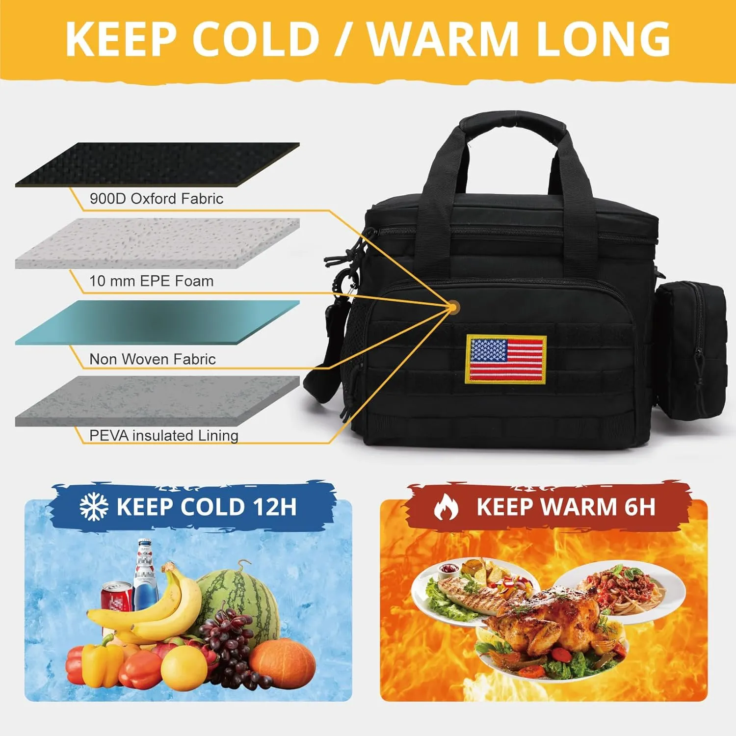 Tactical Lunch Box for Men, Insulated Lunch Bag MOLLE Webbing Leakproof, Cooler Large Lunchbox Women Adult with Adjustable Shoulder Strap Durable, Construction Heavy Duty Lunch Pail, Black
