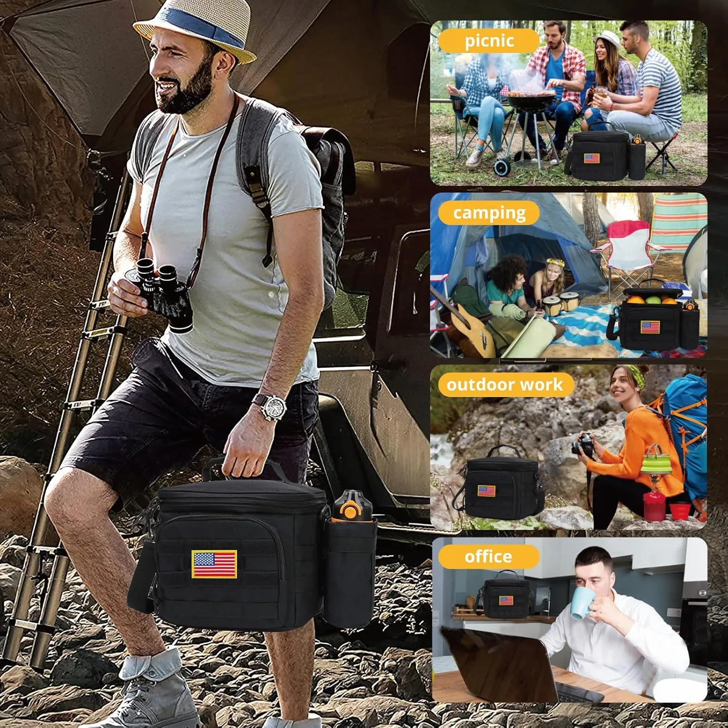 Tactical Lunch Box for Men, Insulated Lunch Bag MOLLE Webbing Leakproof, Cooler Large Lunchbox Women Adult with Adjustable Shoulder Strap Durable, Construction Heavy Duty Lunch Pail, Black