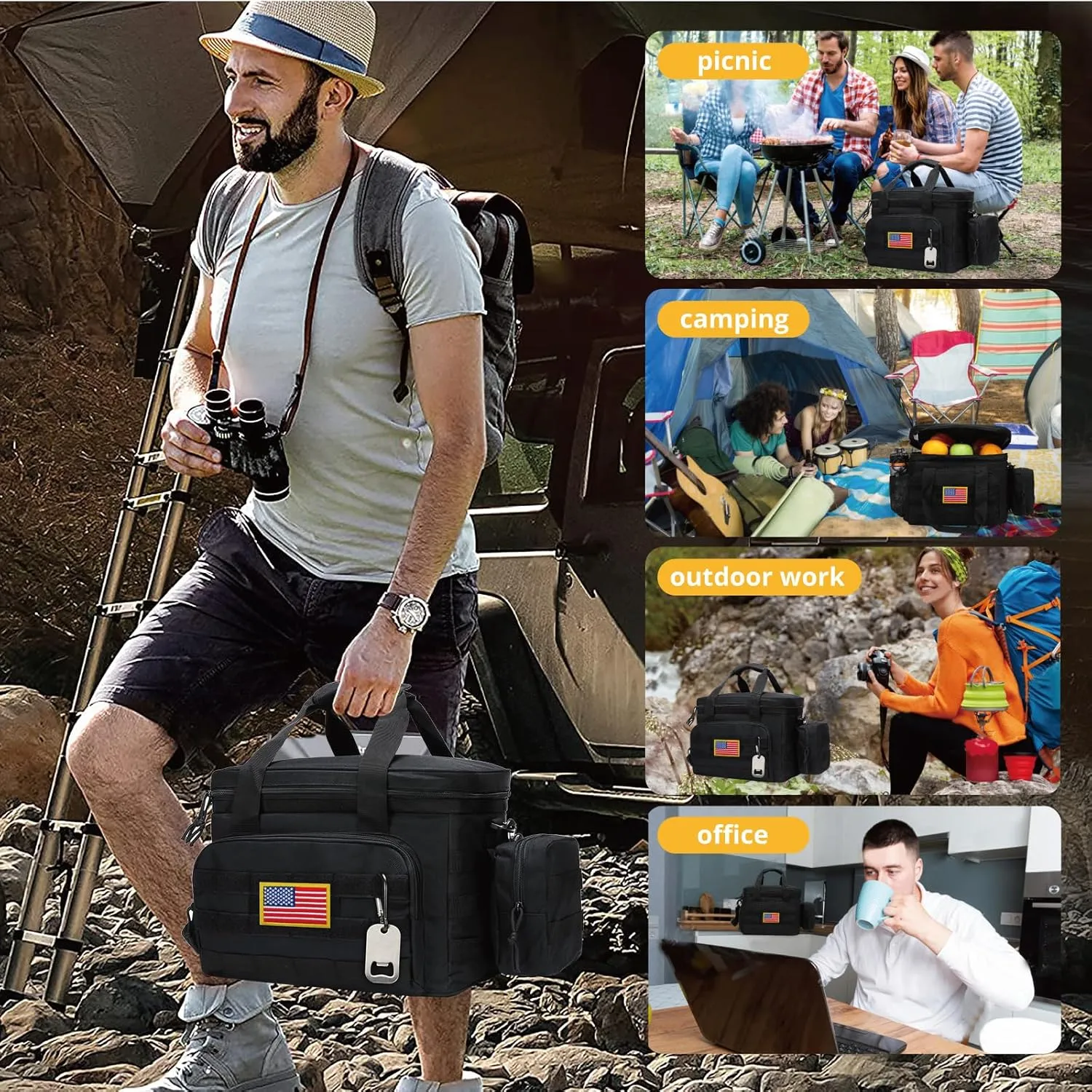 Tactical Lunch Box for Men, Insulated Lunch Bag MOLLE Webbing Leakproof, Cooler Large Lunchbox Women Adult with Adjustable Shoulder Strap Durable, Construction Heavy Duty Lunch Pail, Black