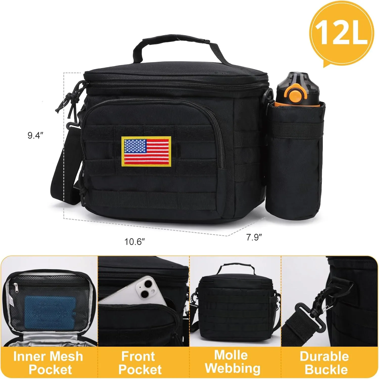 Tactical Lunch Box for Men, Insulated Lunch Bag MOLLE Webbing Leakproof, Cooler Large Lunchbox Women Adult with Adjustable Shoulder Strap Durable, Construction Heavy Duty Lunch Pail, Black