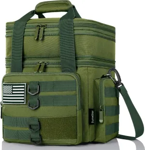 Tactical Lunch Box for Men, Large Insulated Bag Adult, Heavy Duty Double Deck Expandable Cooler Leakproof Waterproof Tote Work Office Camping Travel - Green, LB-KH0606