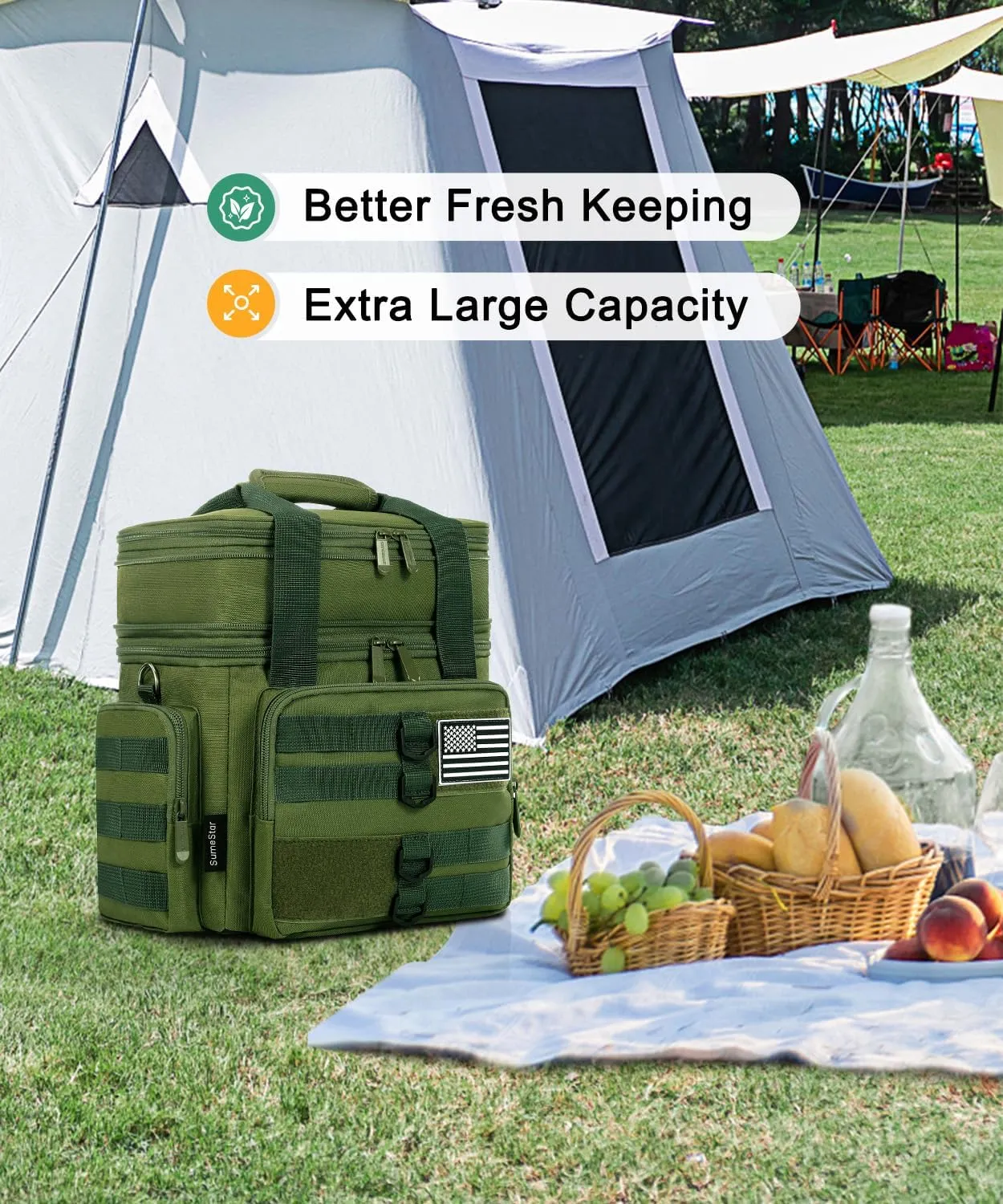 Tactical Lunch Box for Men, Large Insulated Bag Adult, Heavy Duty Double Deck Expandable Cooler Leakproof Waterproof Tote Work Office Camping Travel - Green, LB-KH0606