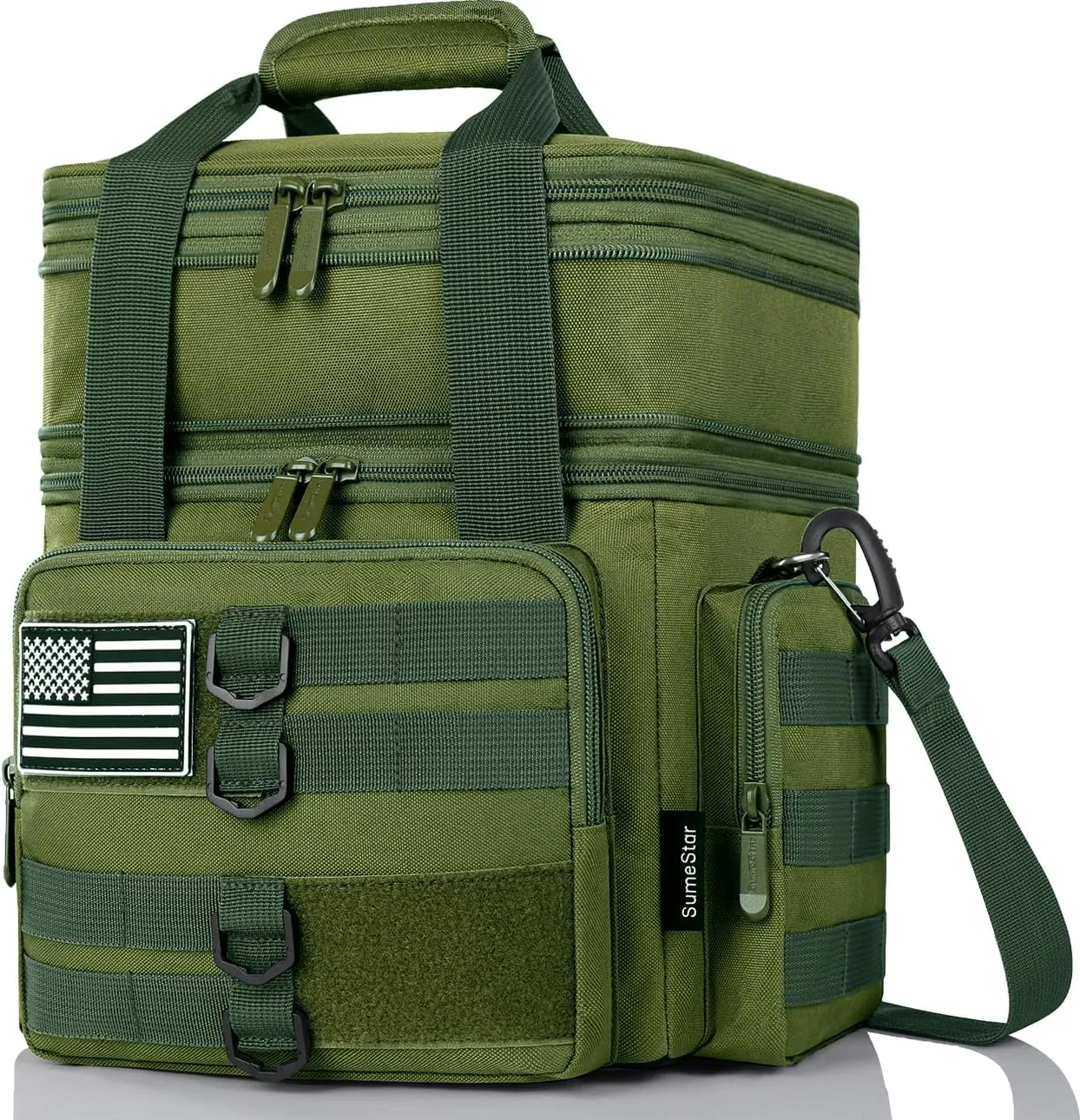 Tactical Lunch Box for Men, Large Insulated Bag Adult, Heavy Duty Double Deck Expandable Cooler Leakproof Waterproof Tote Work Office Camping Travel - Green, LB-KH0606