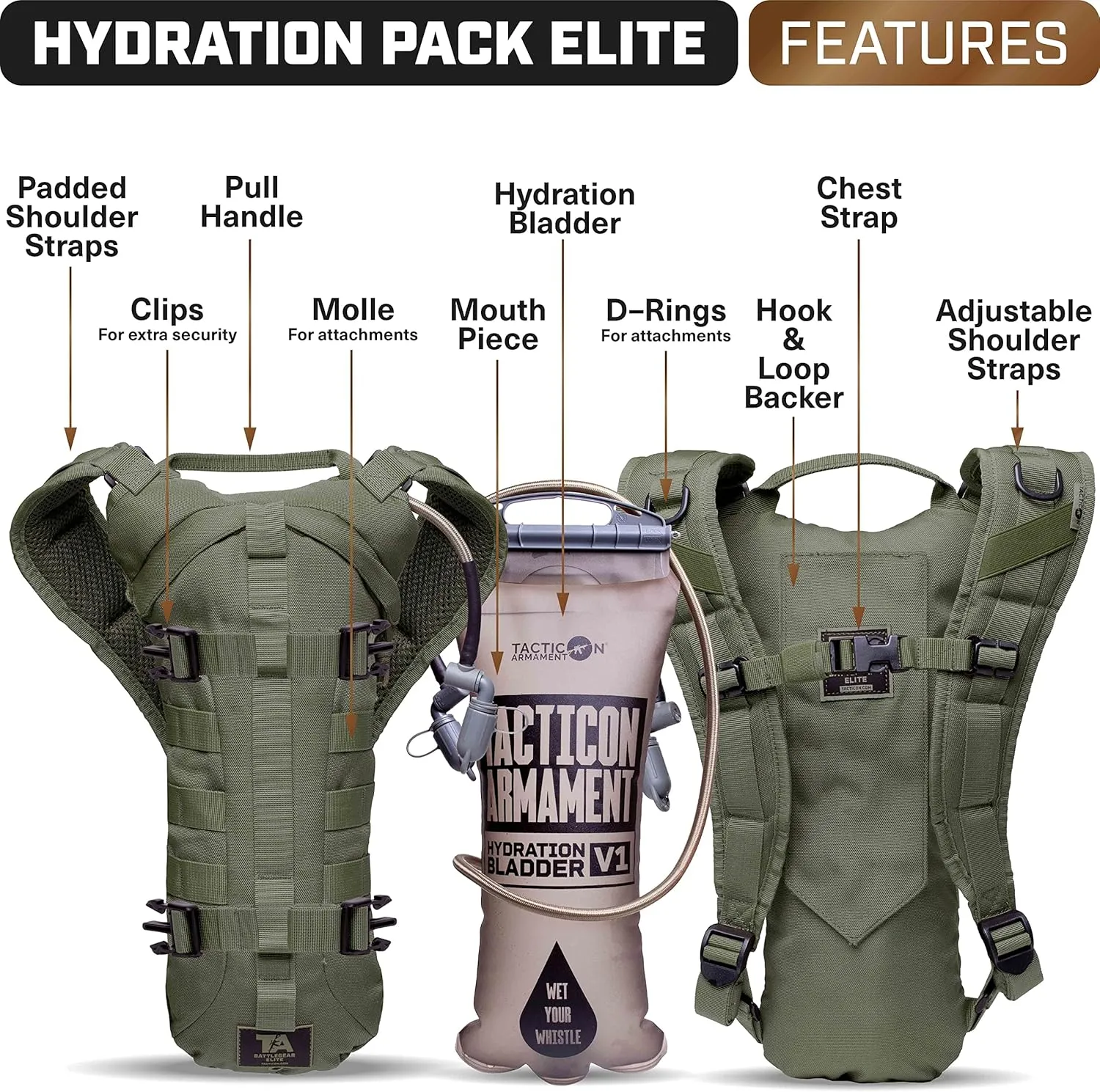 TACTICON Hydropack Elite | Tactical Bare Body Hydration Pack | Combat Veteran Owned Company | All Day Water Source | Hiking & Outdoor Bag | 3L Pocket