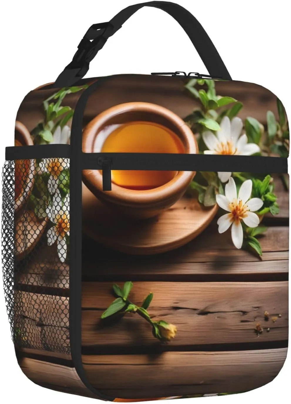 Teal Flower On Wooden Plank Insulated Lunch Bag For Men Women Lunchbox Designed For Office Work Travel