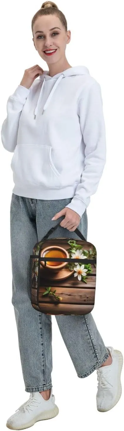 Teal Flower On Wooden Plank Insulated Lunch Bag For Men Women Lunchbox Designed For Office Work Travel